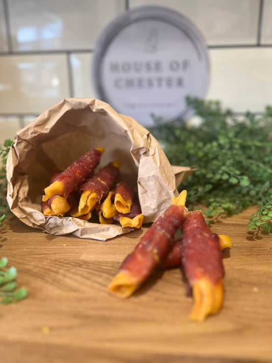 Duck Wrapped Mango Chunks