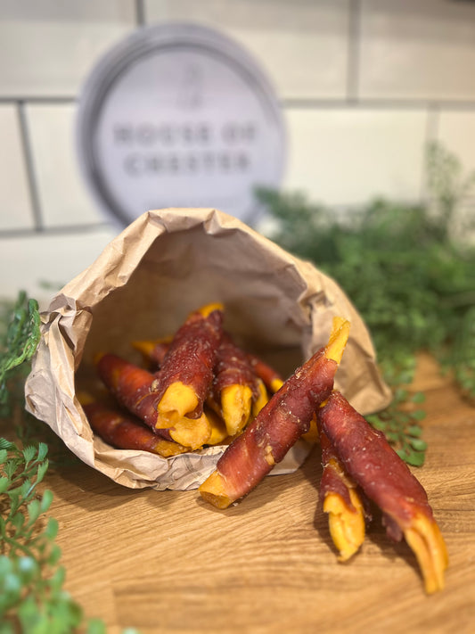 Duck Wrapped Mango Chunks
